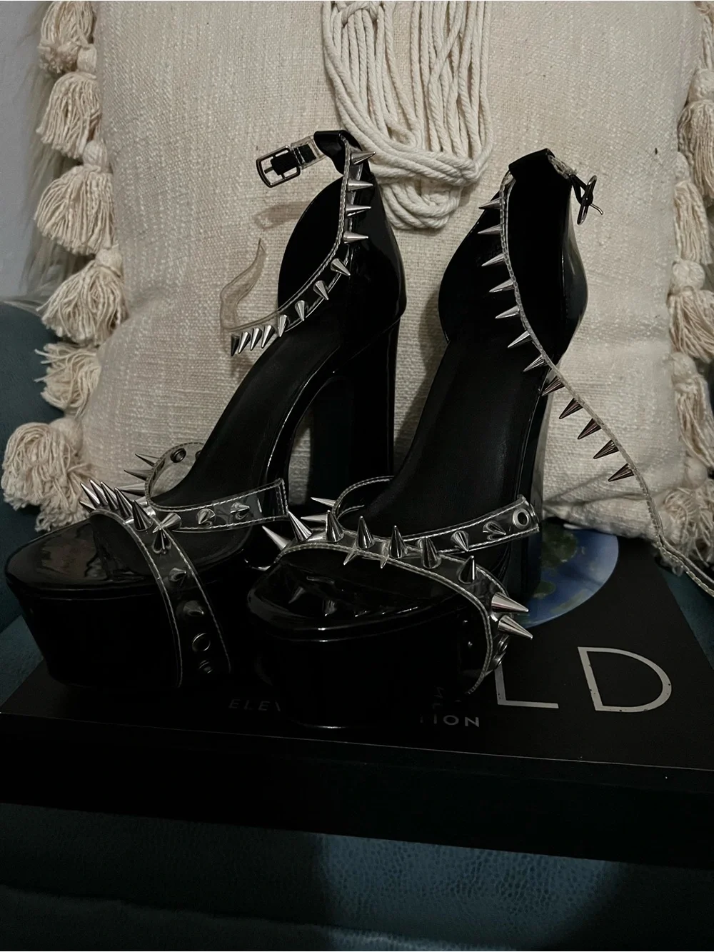 Widow Dolls Kill Black Patent Spike Platform Heels with Silver Studs